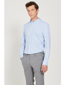 AC&Co / Altınyıldız Classics Men's Light Blue Comfort Ft Comfy Cut Buttoned Collar Cotton Dobby Linen Shirt.