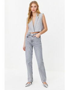 Trendyol Collection Sivé dlhé rovné džínsy s vysokým pásom