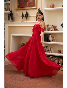 Carmen Red Chiffon Long Evening Dress with Ruffles on the chest.