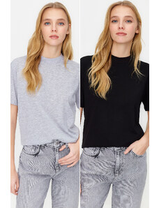 Trendyol Black-Grey Melange 2-Pack Basic High Neck Knitted T-Shirt