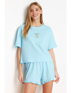 Trendyol Collection Modrá 100% bavlna s potlačou volánového detailného pleteného pyžamového setu