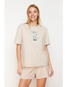 Trendyol Beige 100% Cotton Fun Printed Knitted Pajama Set