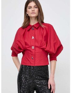 Bavlnená košeľa Karl Lagerfeld dámska, červená farba, voľný strih, s klasickým golierom