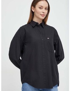 Bavlnená košeľa Tommy Jeans dámska, čierna farba, voľný strih, s klasickým golierom, DW0DW17803