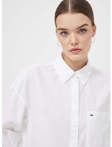 Bavlnená košeľa Tommy Jeans dámska, biela farba, voľný strih, s klasickým golierom, DW0DW17803