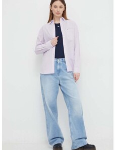 Košeľa s prímesou ľanu Tommy Jeans fialová farba, voľný strih, s klasickým golierom, DW0DW17735