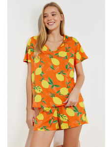 Trendyol Collection Oranžová pletená pyžamová súprava zo 100 % bavlny s ovocným vzorom