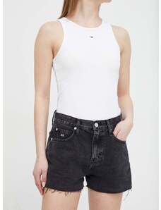 Rifľové krátke nohavice Tommy Jeans dámske, čierna farba, jednofarebné, vysoký pás, DW0DW17633
