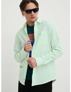 Košeľa s prímesou ľanu Tommy Jeans zelená farba,regular,s klasickým golierom,DM0DM18962
