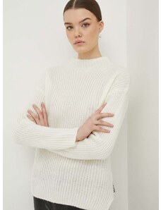 Vlnený sveter HUGO dámsky, béžová farba, s polorolákom