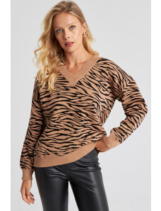 Cool & Sexy Women's Camel Zebra Patterned Knitwear Sweater YZ521