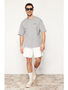 Trendyol Gray Oversize 100% Cotton Crew Neck Minimal Text Printed T-Shirt