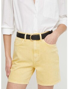 Rifľové krátke nohavice Tommy Hilfiger dámske, žltá farba, jednofarebné, vysoký pás