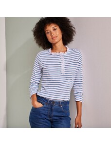 Blancheporte Prúžkované tričko s dlhými rukávmi a anglickou výšivkou biela/modrá 044