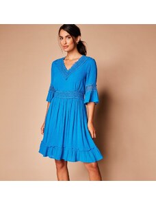 Blancheporte Krátke šaty s macramé a volánmi modrá 036