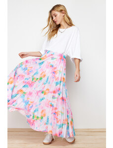 Trendyol Modest Lila s kvetinovým vzorom skladaná elastická tkaná sukňa v páse