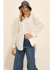 Trend Alaçatı Stili Women's White Motif Oversize Linen Shirt