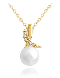 MINET Pozlátený luxusný strieborný náhrdelník s bielou perlou a zirkónmi