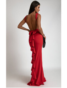 Elegantné červené spoločenské šaty s mašľou a výstrihom na chrbte 010173