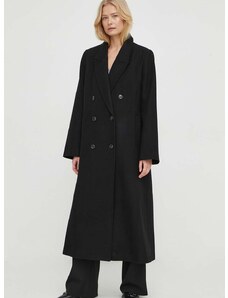 Vlnený kabát Gestuz čierna farba, prechodný, dvojradový