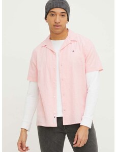 Košeľa s prímesou ľanu Tommy Jeans ružová farba,regular,DM0DM18963
