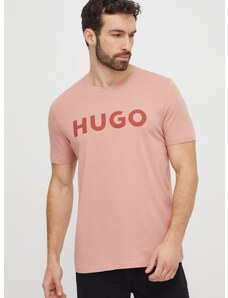 Bavlnené tričko HUGO pánsky,ružová farba,s potlačou,50467556