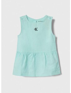 Ľanové šaty pre deti Calvin Klein Jeans tyrkysová farba, mini, rovný strih