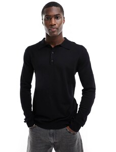 ONLY & SONS knitted long sleeve polo in black