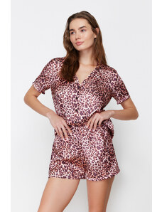 Trendyol Collection Tkané pyžamové šortky s viacfarebným leopardím vzorom saténové košele