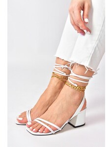 Fox Shoes White Short Heeled Women's Gold Chain Detail Ankle Laced Shoes