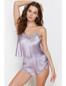 Trendyol Collection Lilac čipka podrobný povrazový popruh saténová tkaná pyžamová súprava