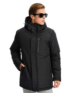 River Club Pánsky čierny zimný kabát, kabát a parka s odnímateľnou kapucňou a kapucňou