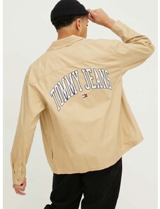 Bavlnená košeľa Tommy Jeans pánska,béžová farba,voľný strih,s klasickým golierom,DM0DM18887