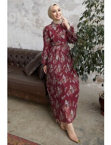 InStyle Larina Kvetinové skladané šifónové šaty - Claret Red
