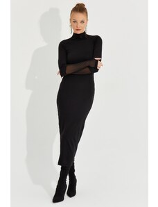 Cool & Sexy Cool &ampy Dámske novoročné Čierny tyl Detailné midi šaty s rukavicami
