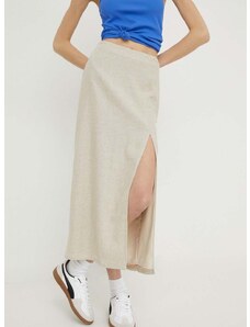 Ľanová sukňa Hollister Co. béžová farba, midi, rovný strih