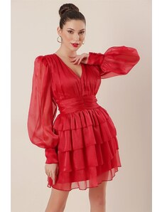 By Saygı Autor: Saygı organzové šaty s výstrihom do V s volánikmi červené