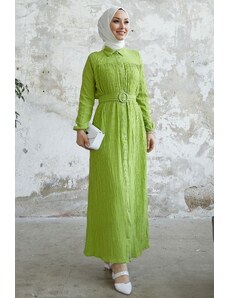 InStyle Lilya Textured Belted Dress - Olejovo zelená
