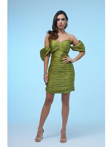 Carmen Pistachio Green Strappy Pleated Short Satin Evening Dress