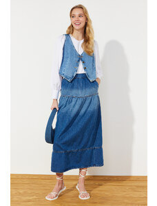 Trendyol Collection Modré prešívanie s vysokým pásom, maxi džínsová sukňa