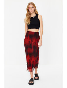 Trendyol Collection Červená potlačený pokrčený vzhľad elastický tyl podšitý v páse maxi strečová pletená sukňa