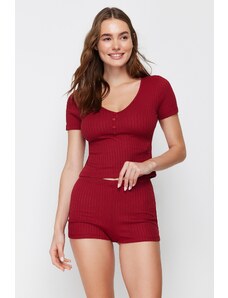Trendyol Claret Red Button Detailed Corded Knitted Pajama Set