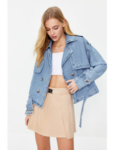 Trendyol Collection Modrá krátka džínsová trenčkotová bunda