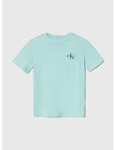 Detské bavlnené tričko Calvin Klein Jeans tyrkysová farba, s potlačou