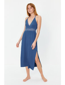 Trendyol Blue Lace and Back Detailed Slit Knitted Nightgown