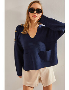 Bianco Lucci Women's Shoulder Button Pocket Knitwear Sweater