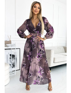 numoco basic Dámske dlhé plisované šifónové šaty s výstrihom, dlhými rukávmi, širokým opaskom a veľkými fialovými kvetmi 520-1