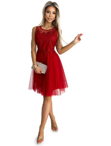 numoco basic CATERINA - Veľmi ženské červené šaty s reliéfnou výšivkou a jemným tylom 522-3
