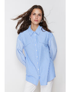 Trendyol Blue Stone Detailed Cotton Woven Striped Shirt