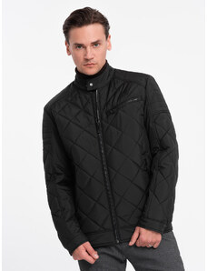 Ombre Clothing BIKER pánska zateplená bunda s kosoštvorcovým vzorom - čierna V1 OM-JALP-22FW-006